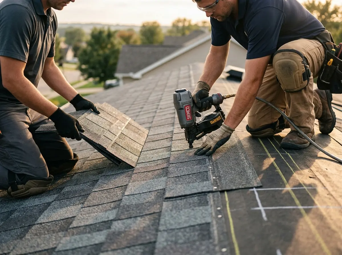 Professional roofer working on a residential roof in Richmond West